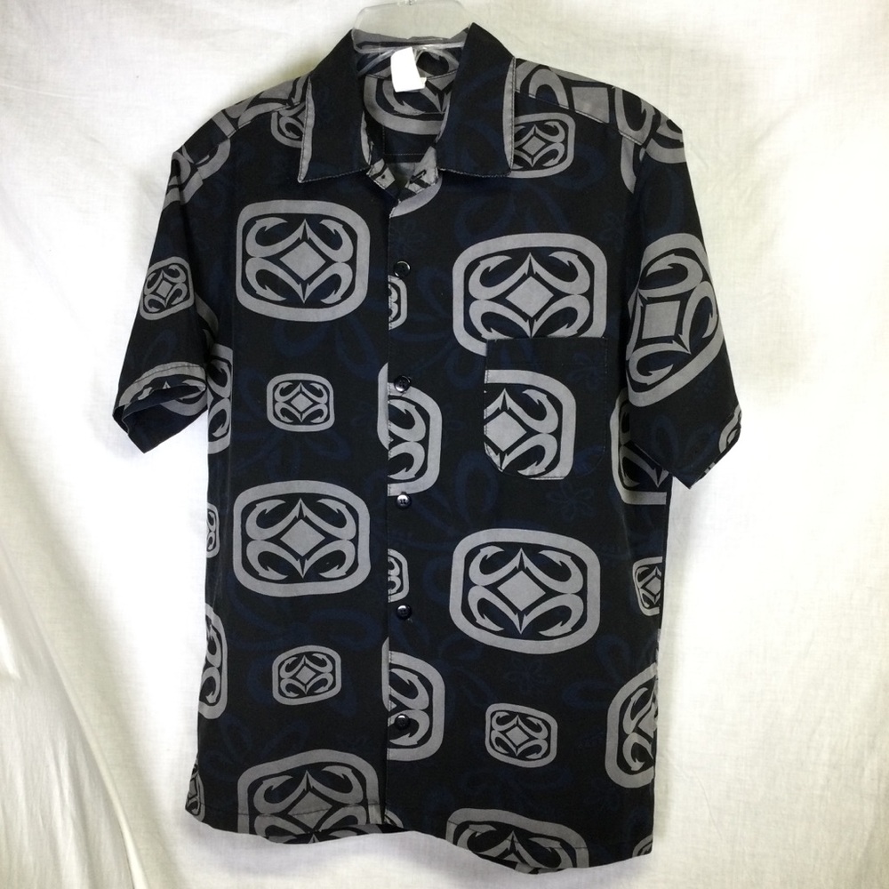 Maui Built Men's short sleeve Hawaiian/Aloha Black Gray blue geometric Shirt SzM